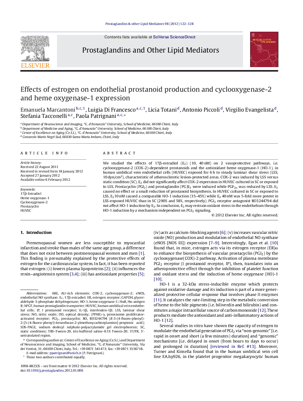 Effects of estrogen on endothelial prostanoid production and cyclooxygenase-2 and heme oxygenase-1 expression