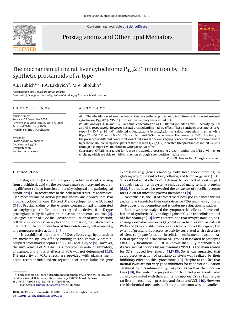 The mechanism of the rat liver cytochrome P4502E1 inhibition by the synthetic prostanoids of A-type