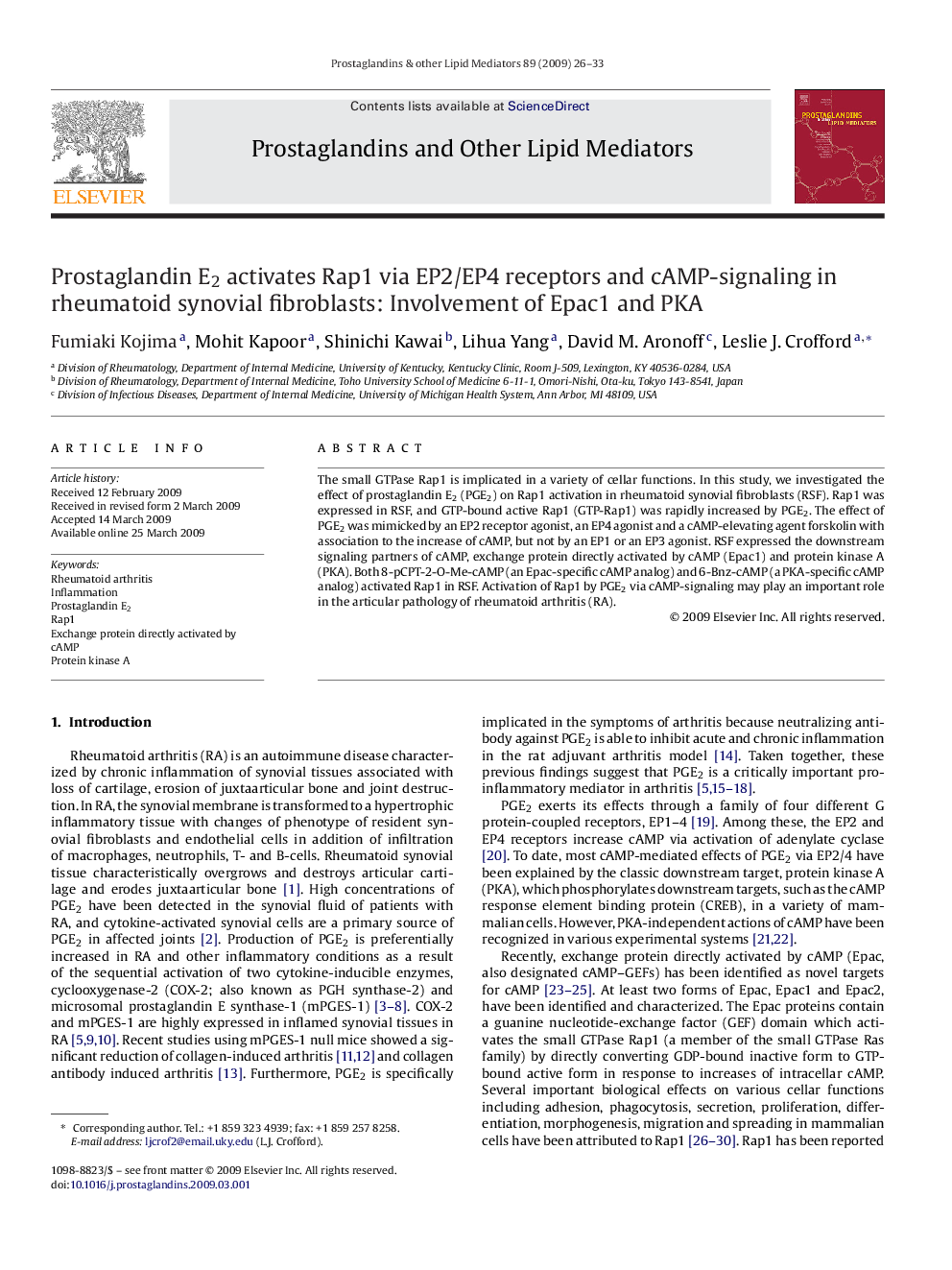 Prostaglandin E2 activates Rap1 via EP2/EP4 receptors and cAMP-signaling in rheumatoid synovial fibroblasts: Involvement of Epac1 and PKA