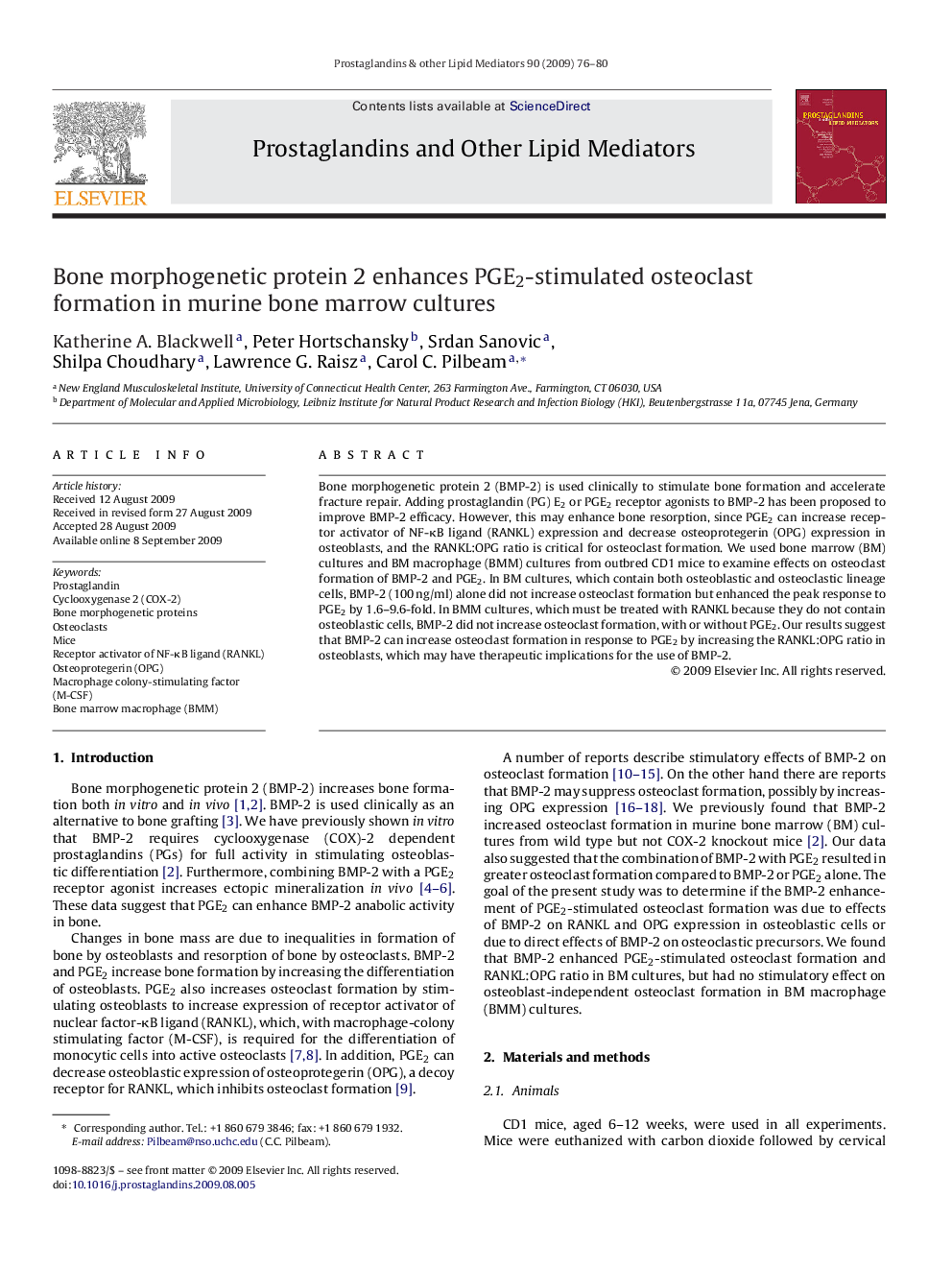 Bone morphogenetic protein 2 enhances PGE2-stimulated osteoclast formation in murine bone marrow cultures