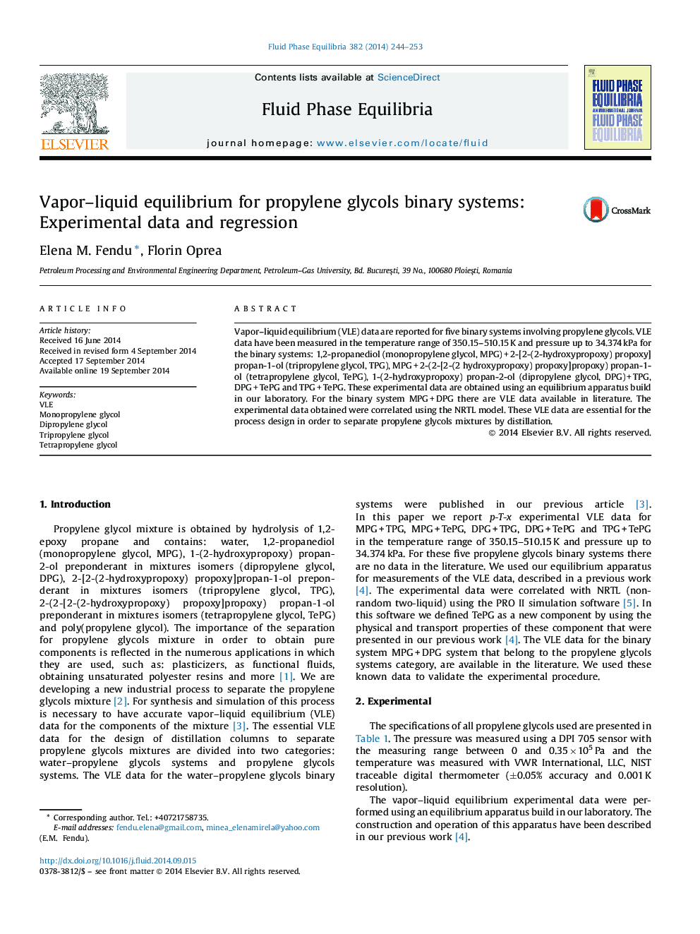 Vapor–liquid equilibrium for propylene glycols binary systems: Experimental data and regression
