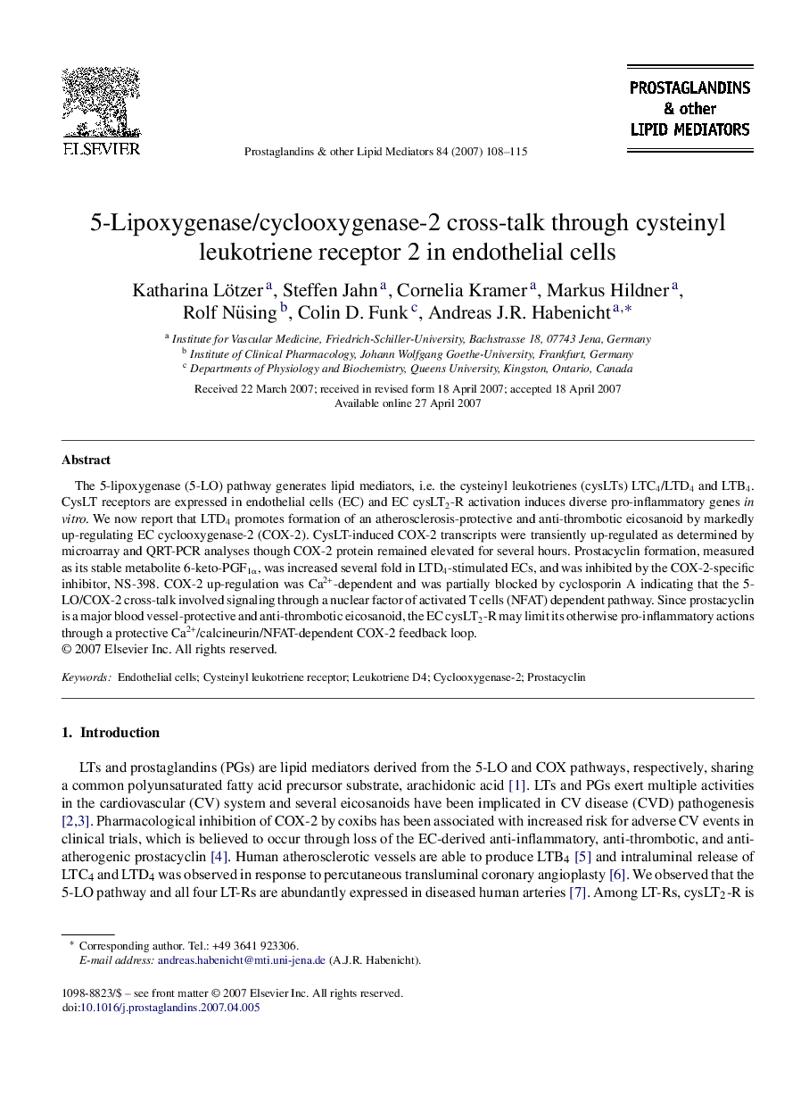 5-Lipoxygenase/cyclooxygenase-2 cross-talk through cysteinyl leukotriene receptor 2 in endothelial cells