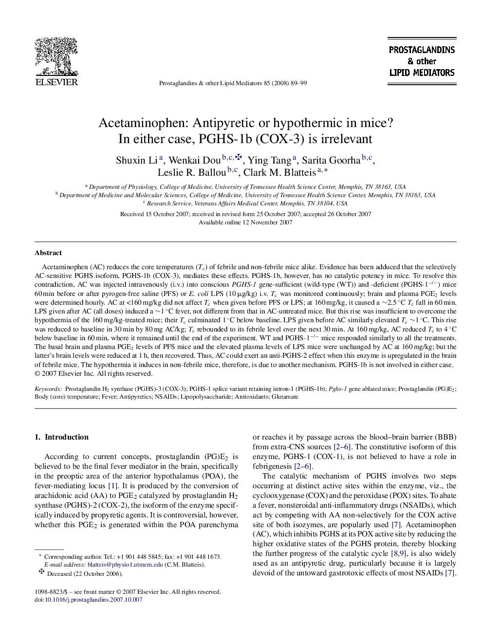 Acetaminophen: Antipyretic or hypothermic in mice? In either case, PGHS-1b (COX-3) is irrelevant