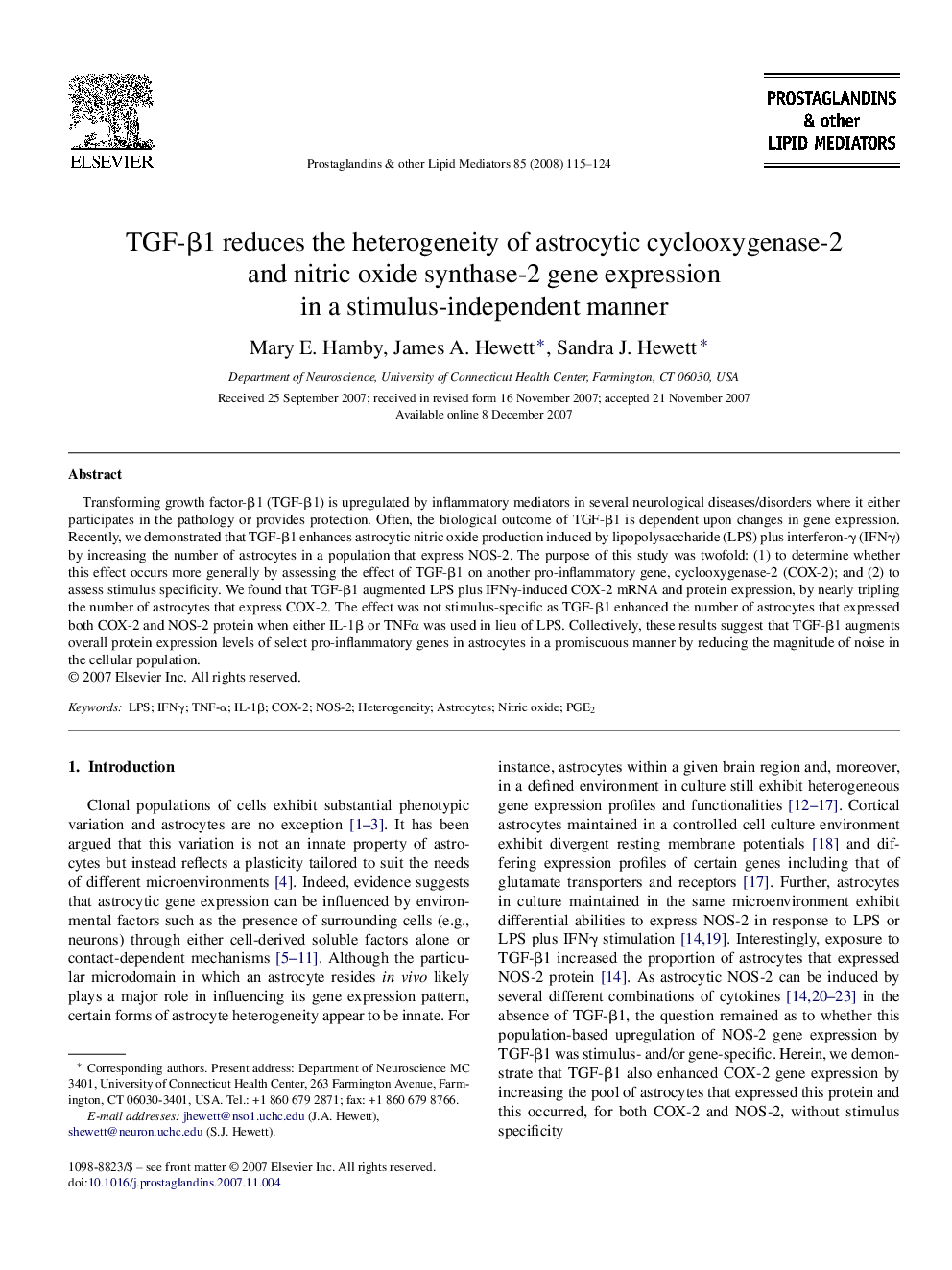 TGF-Î²1 reduces the heterogeneity of astrocytic cyclooxygenase-2 and nitric oxide synthase-2 gene expression in a stimulus-independent manner