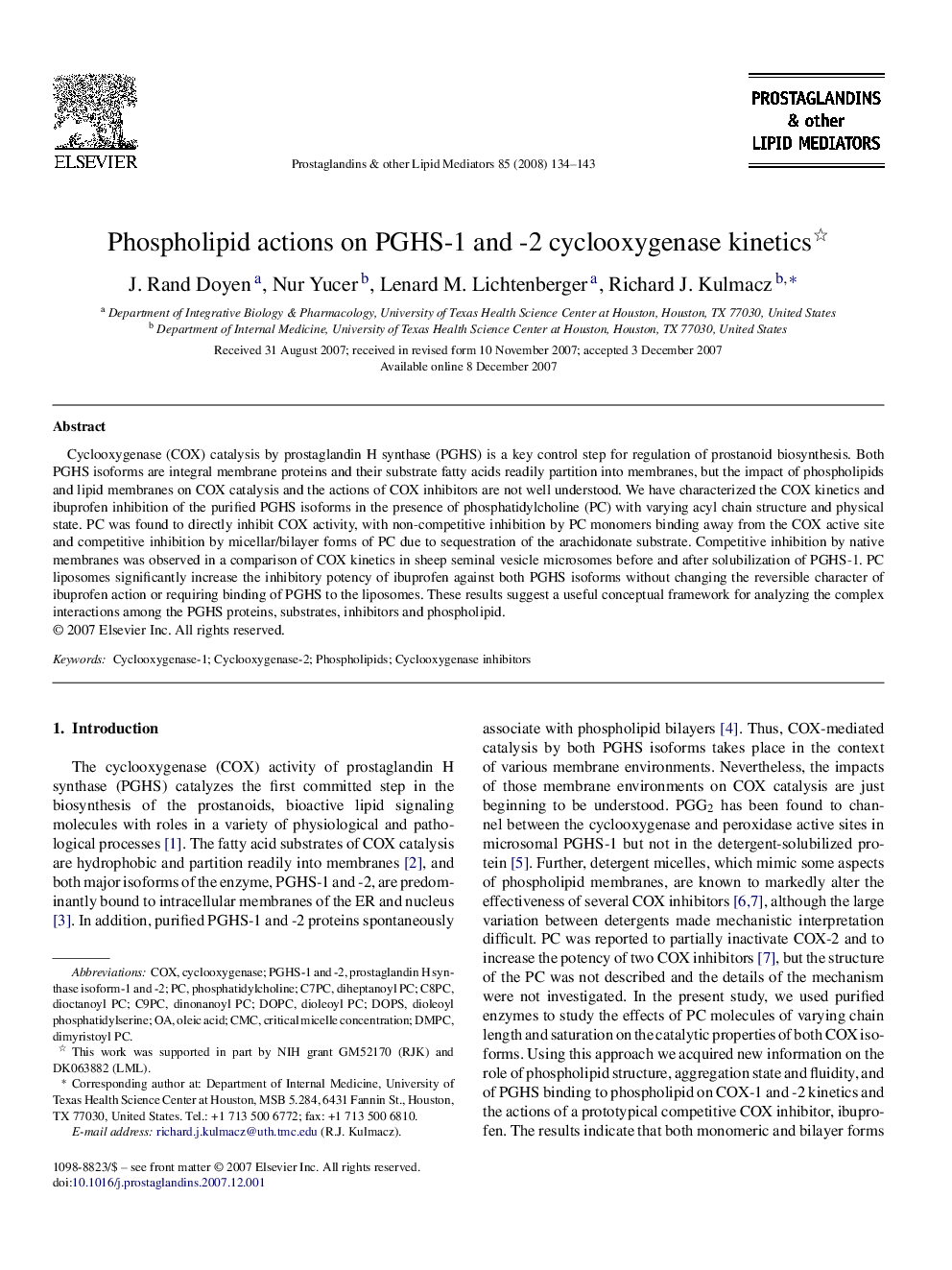 Phospholipid actions on PGHS-1 and -2 cyclooxygenase kinetics 