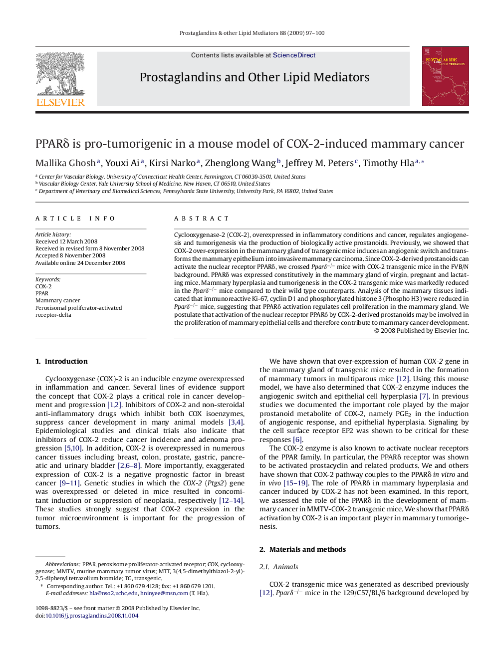 PPARδ is pro-tumorigenic in a mouse model of COX-2-induced mammary cancer