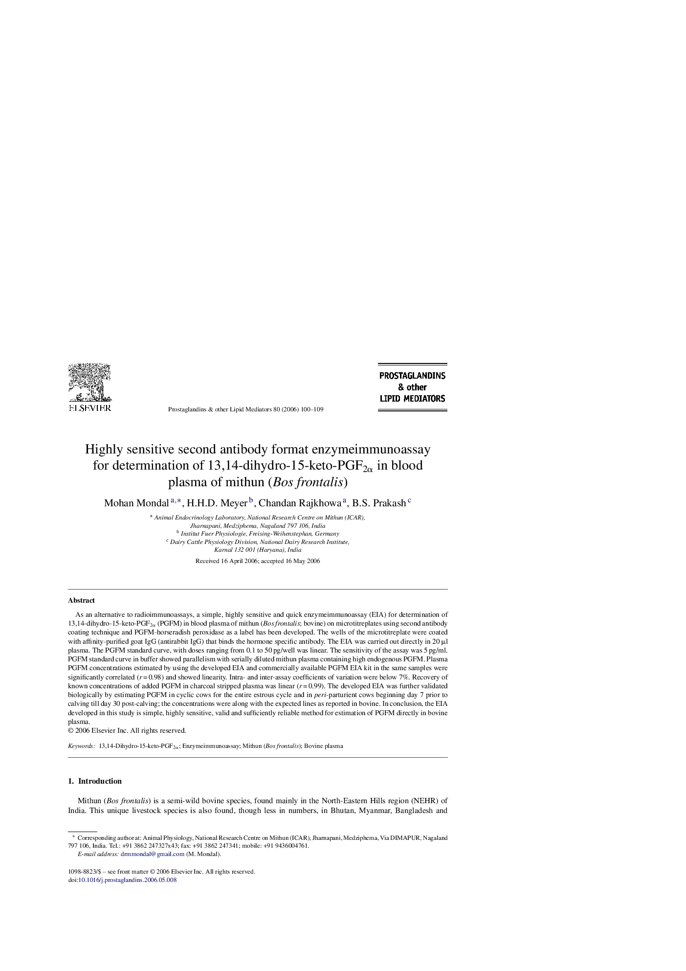 Highly sensitive second antibody format enzymeimmunoassay for determination of 13,14-dihydro-15-keto-PGF2Î± in blood plasma of mithun (Bos frontalis)