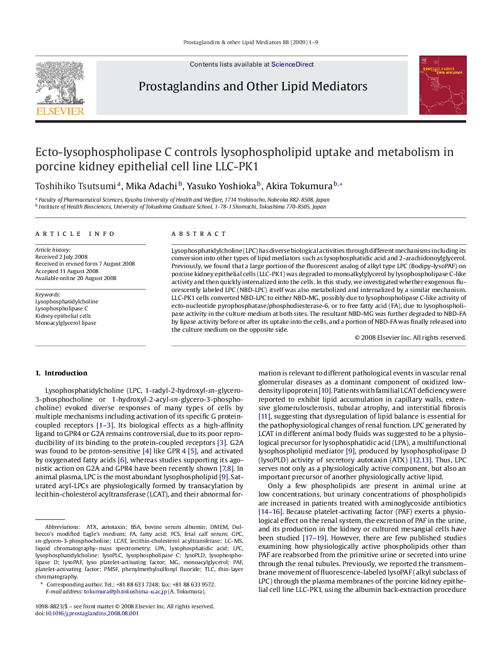 Ecto-lysophospholipase C controls lysophospholipid uptake and metabolism in porcine kidney epithelial cell line LLC-PK1