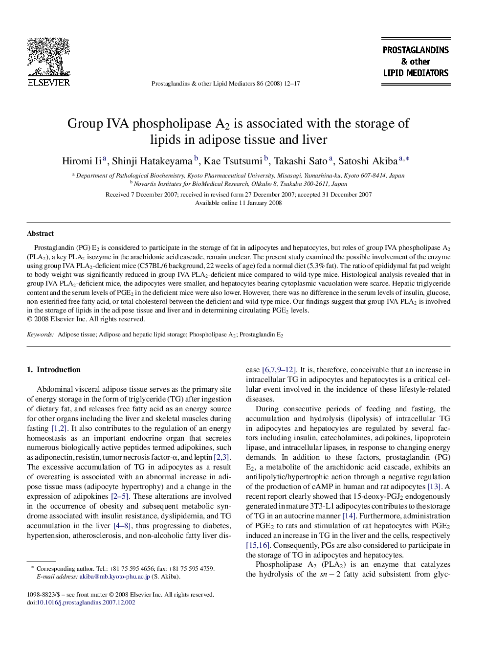 Group IVA phospholipase A2 is associated with the storage of lipids in adipose tissue and liver