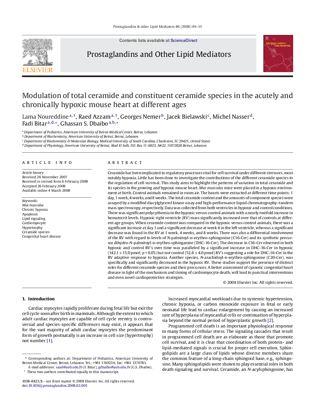 Modulation of total ceramide and constituent ceramide species in the acutely and chronically hypoxic mouse heart at different ages