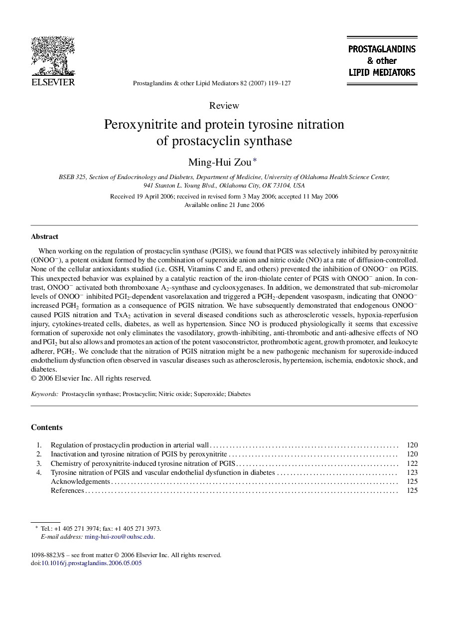 Peroxynitrite and protein tyrosine nitration of prostacyclin synthase