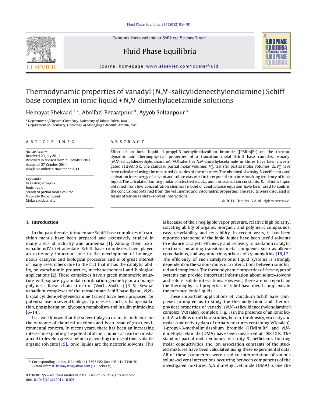 Thermodynamic properties of vanadyl (N,N′-salicylideneethylendiamine) Schiff base complex in ionic liquid + N,N-dimethylacetamide solutions