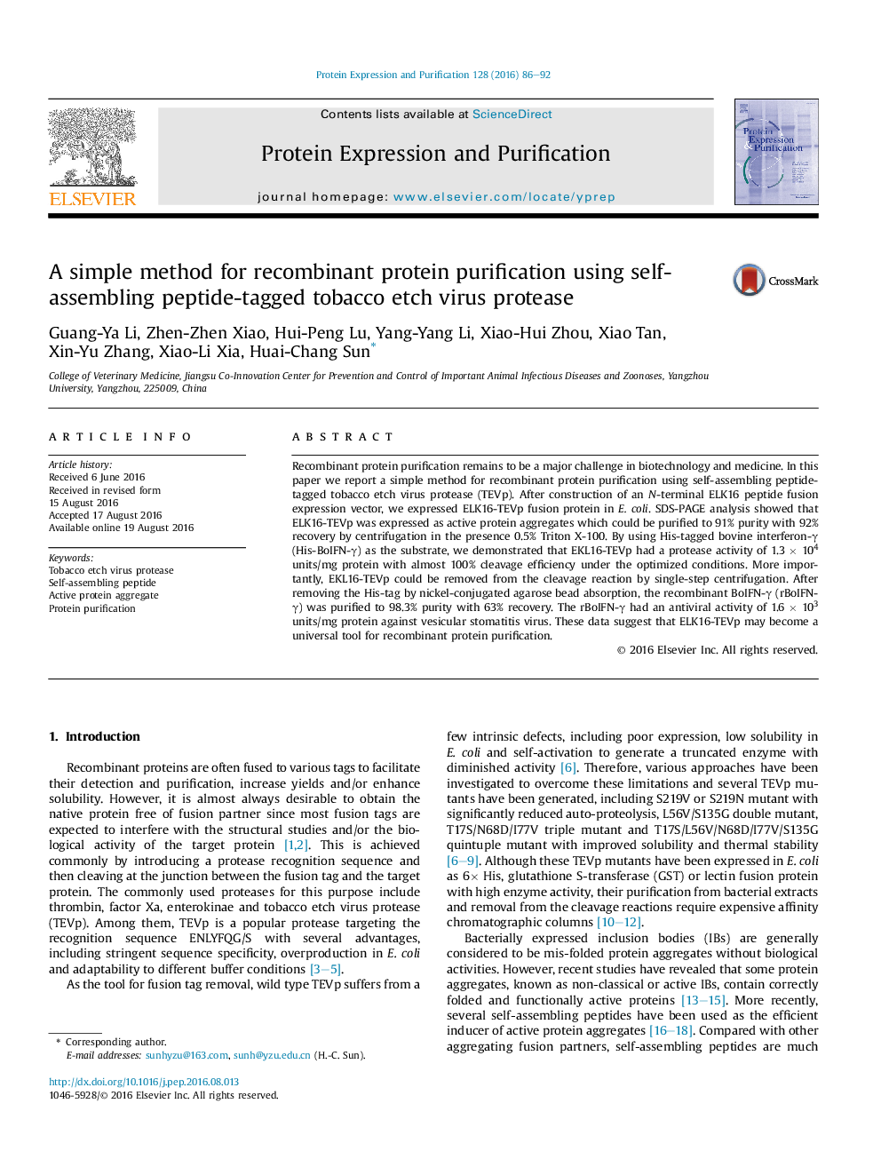 A simple method for recombinant protein purification using self-assembling peptide-tagged tobacco etch virus protease