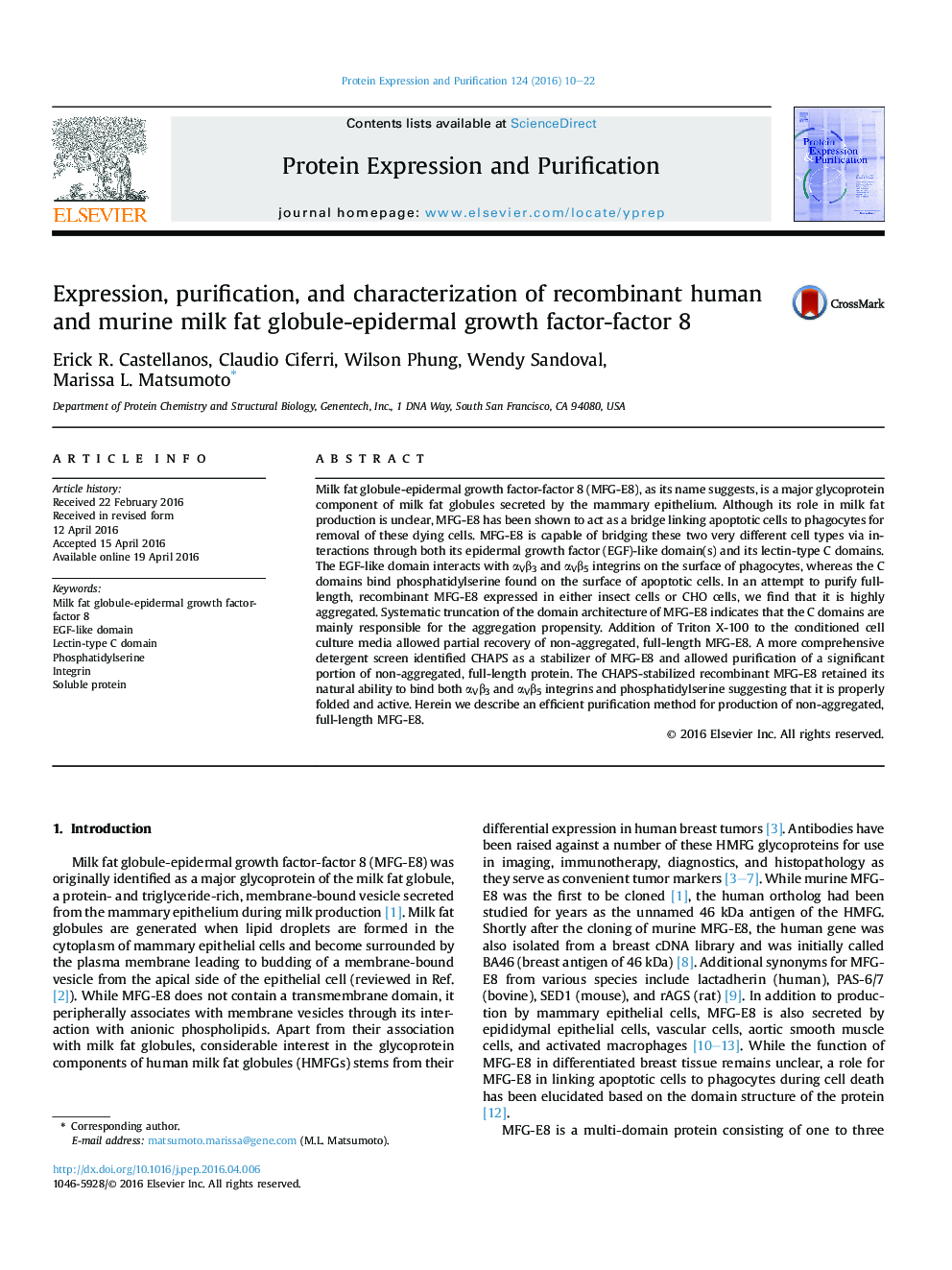 Expression, purification, and characterization of recombinant human and murine milk fat globule-epidermal growth factor-factor 8