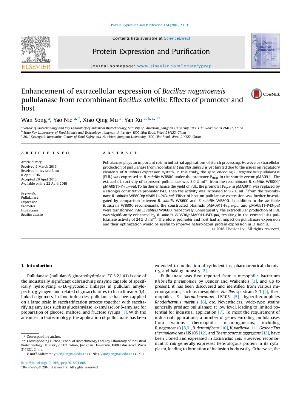 Enhancement of extracellular expression of Bacillus naganoensis pullulanase from recombinant Bacillus subtilis: Effects of promoter and host