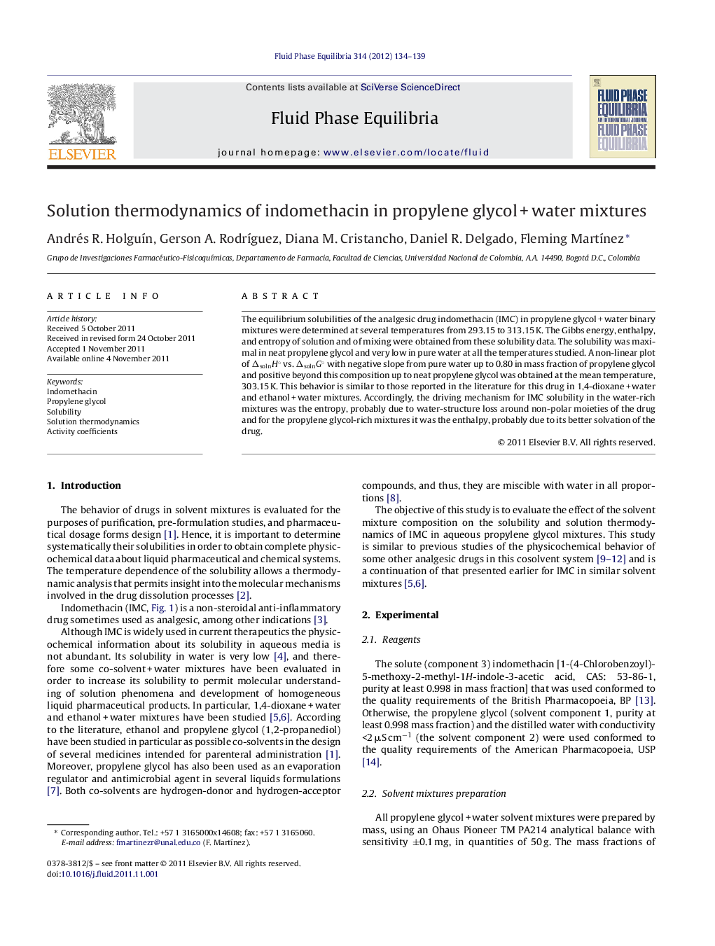 Solution thermodynamics of indomethacin in propylene glycol + water mixtures