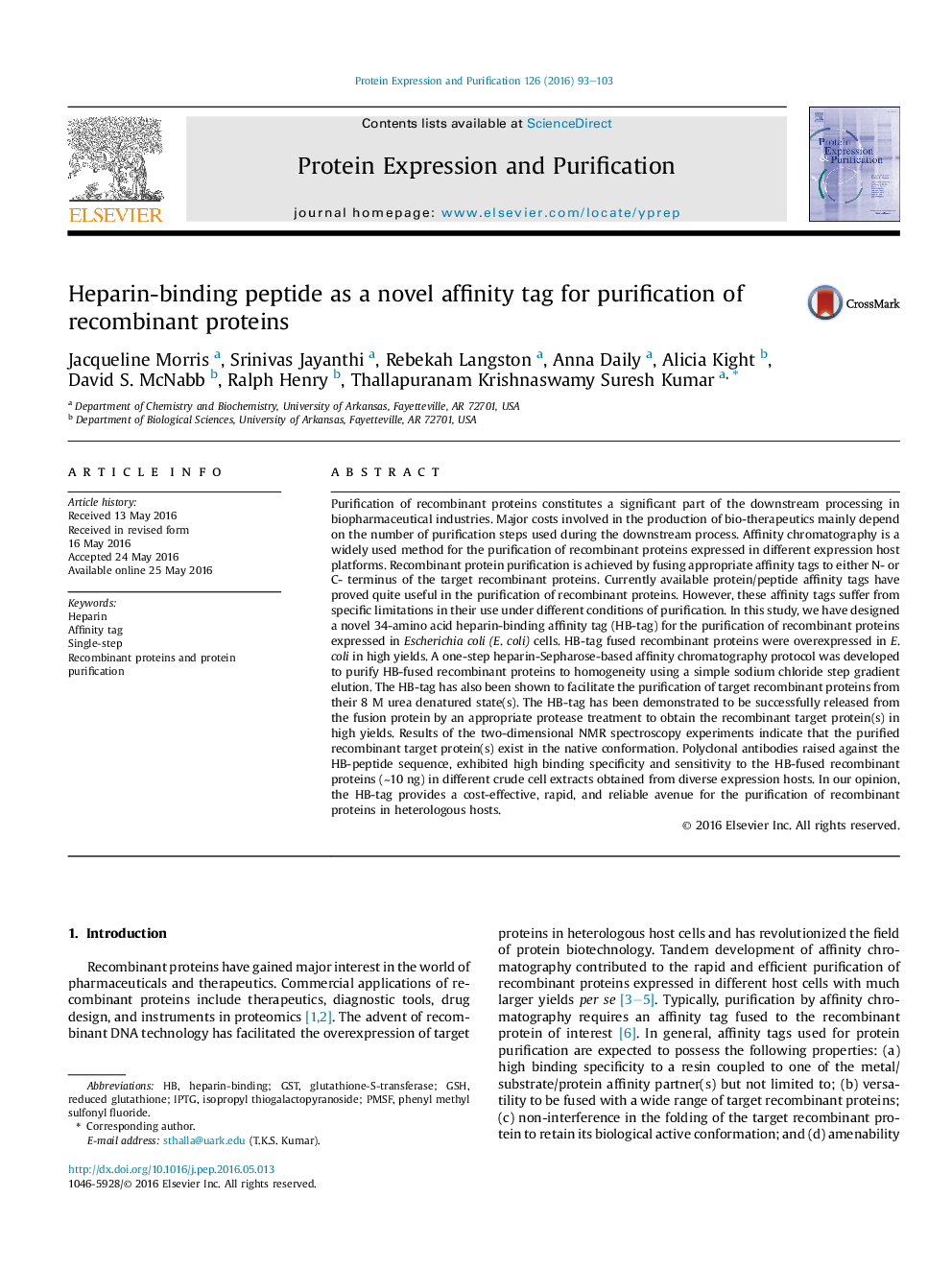 Heparin-binding peptide as a novel affinity tag for purification of recombinant proteins