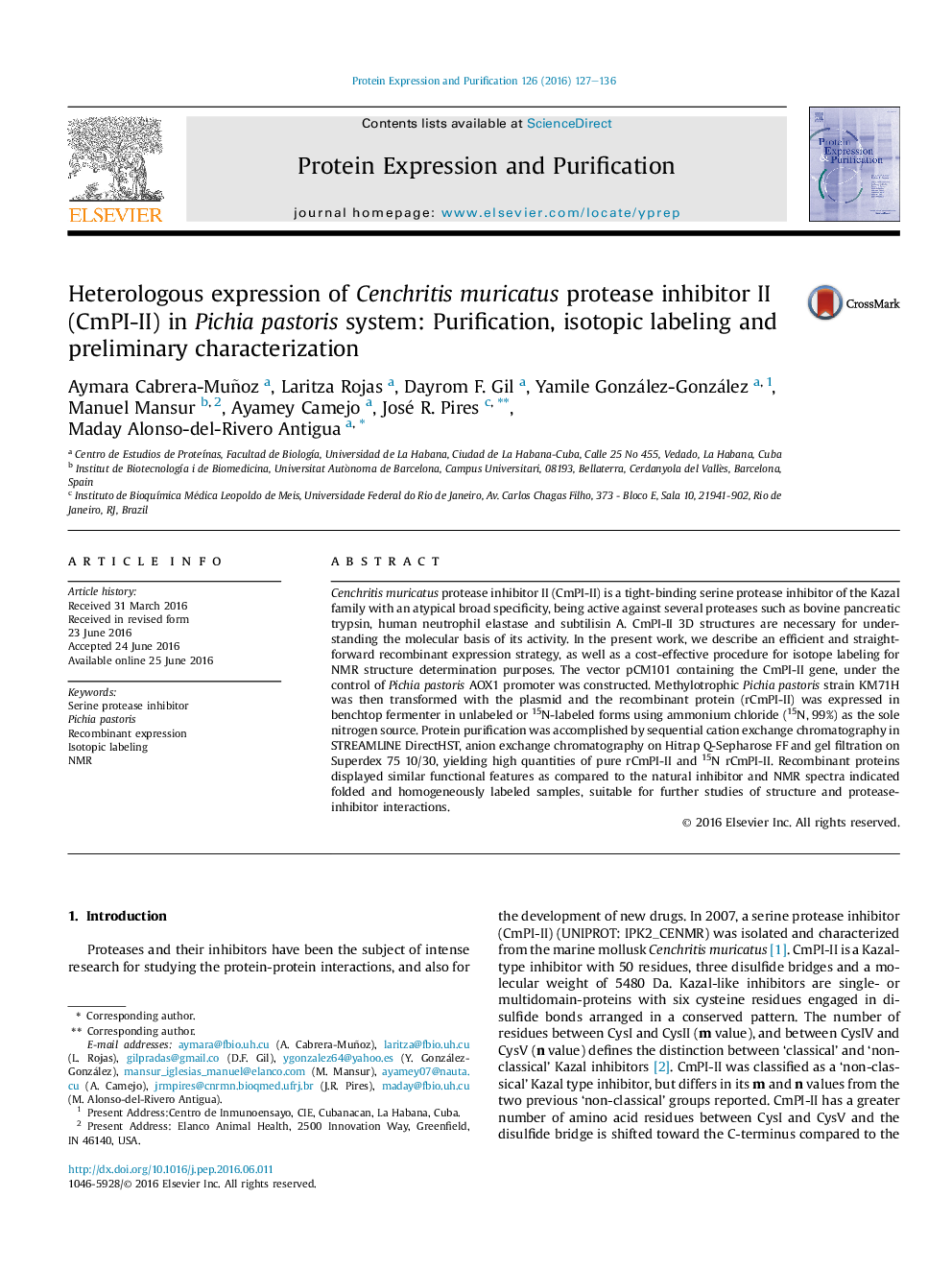 Heterologous expression of Cenchritis muricatus protease inhibitor II (CmPI-II) in Pichia pastoris system: Purification, isotopic labeling and preliminary characterization