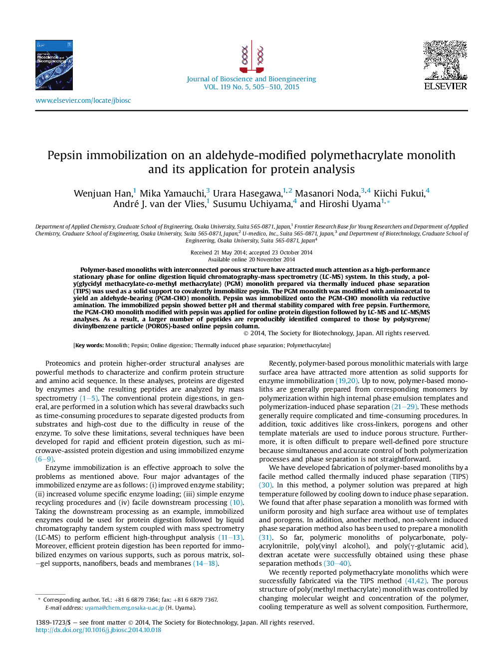 Pepsin immobilization on an aldehyde-modified polymethacrylate monolith and its application for protein analysis