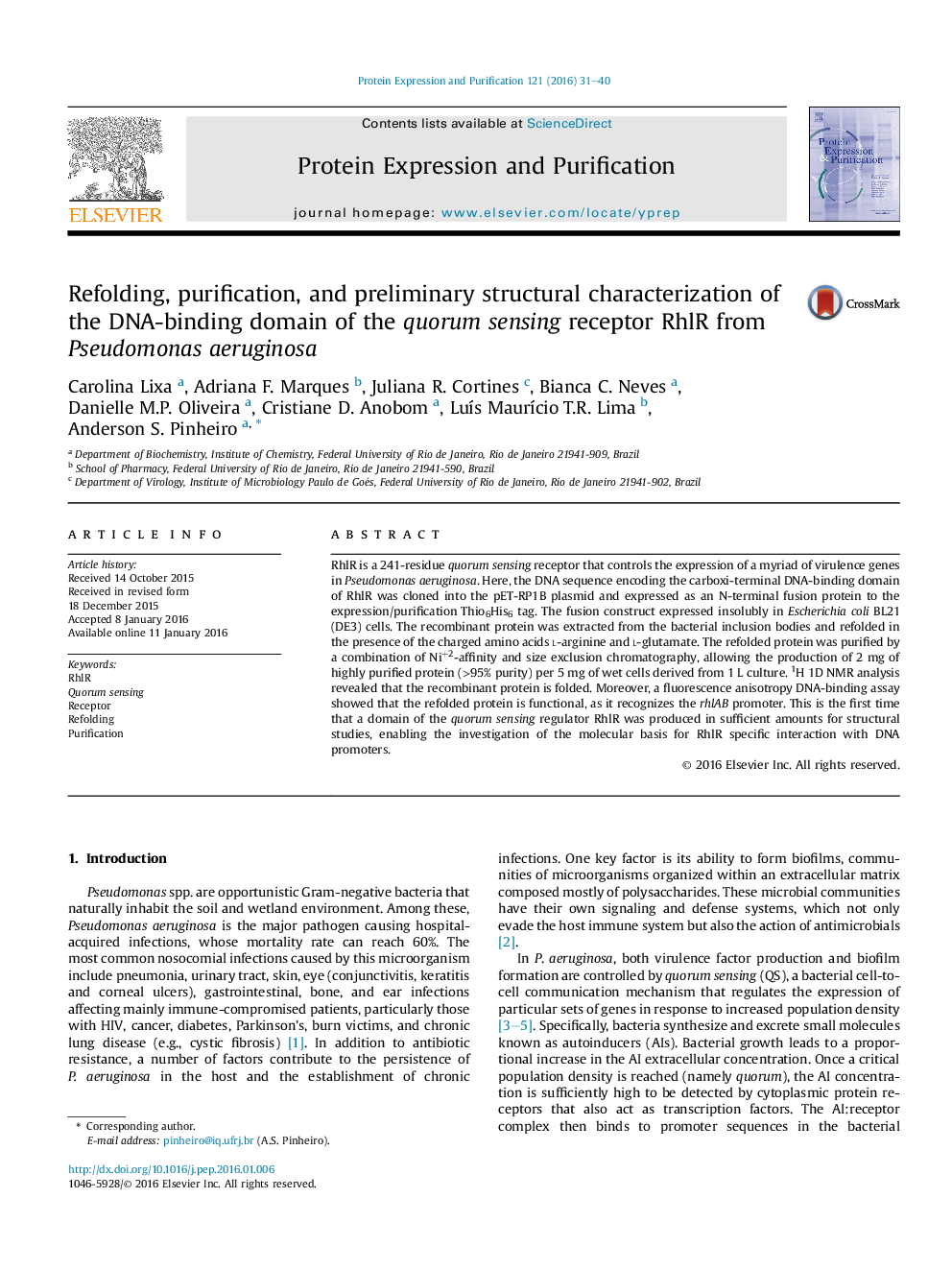 Refolding, purification, and preliminary structural characterization of the DNA-binding domain of the quorum sensing receptor RhlR from Pseudomonas aeruginosa