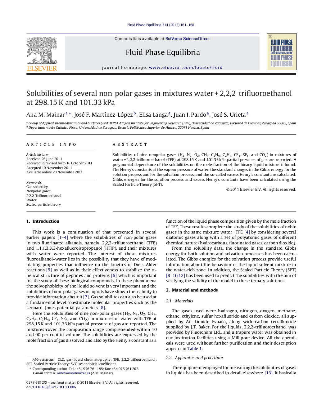 Solubilities of several non-polar gases in mixtures water + 2,2,2-trifluoroethanol at 298.15 K and 101.33 kPa