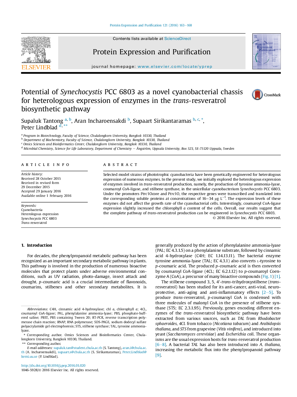 Potential of Synechocystis PCC 6803 as a novel cyanobacterial chassis for heterologous expression of enzymes in the trans-resveratrol biosynthetic pathway