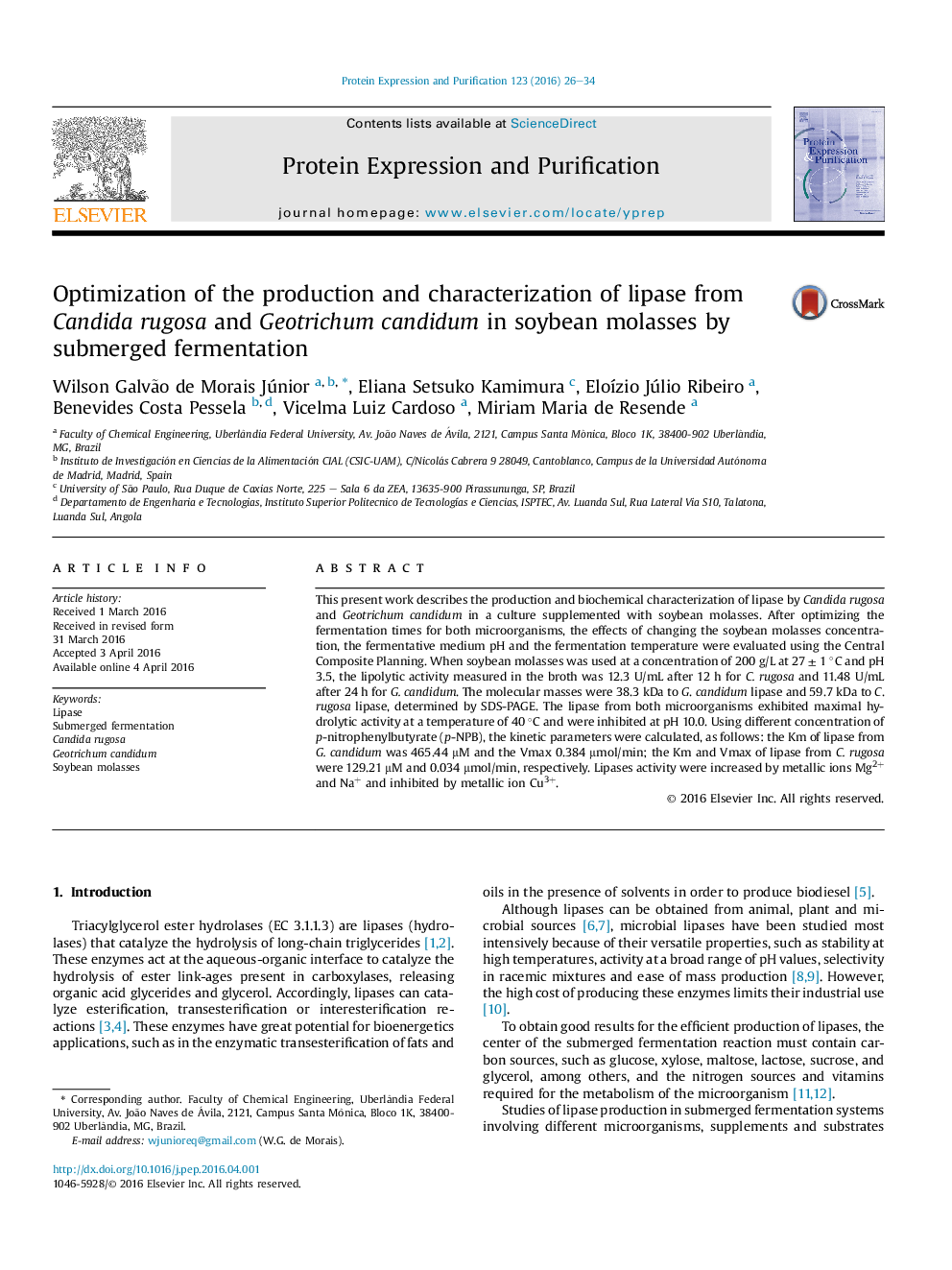 بهینه سازی تولید و خصوصی سازی لیپاز از کاندیدا روگوسا و ژوتریکوم کاندوموم در ملاس سویا با تخمیر غرق شده 