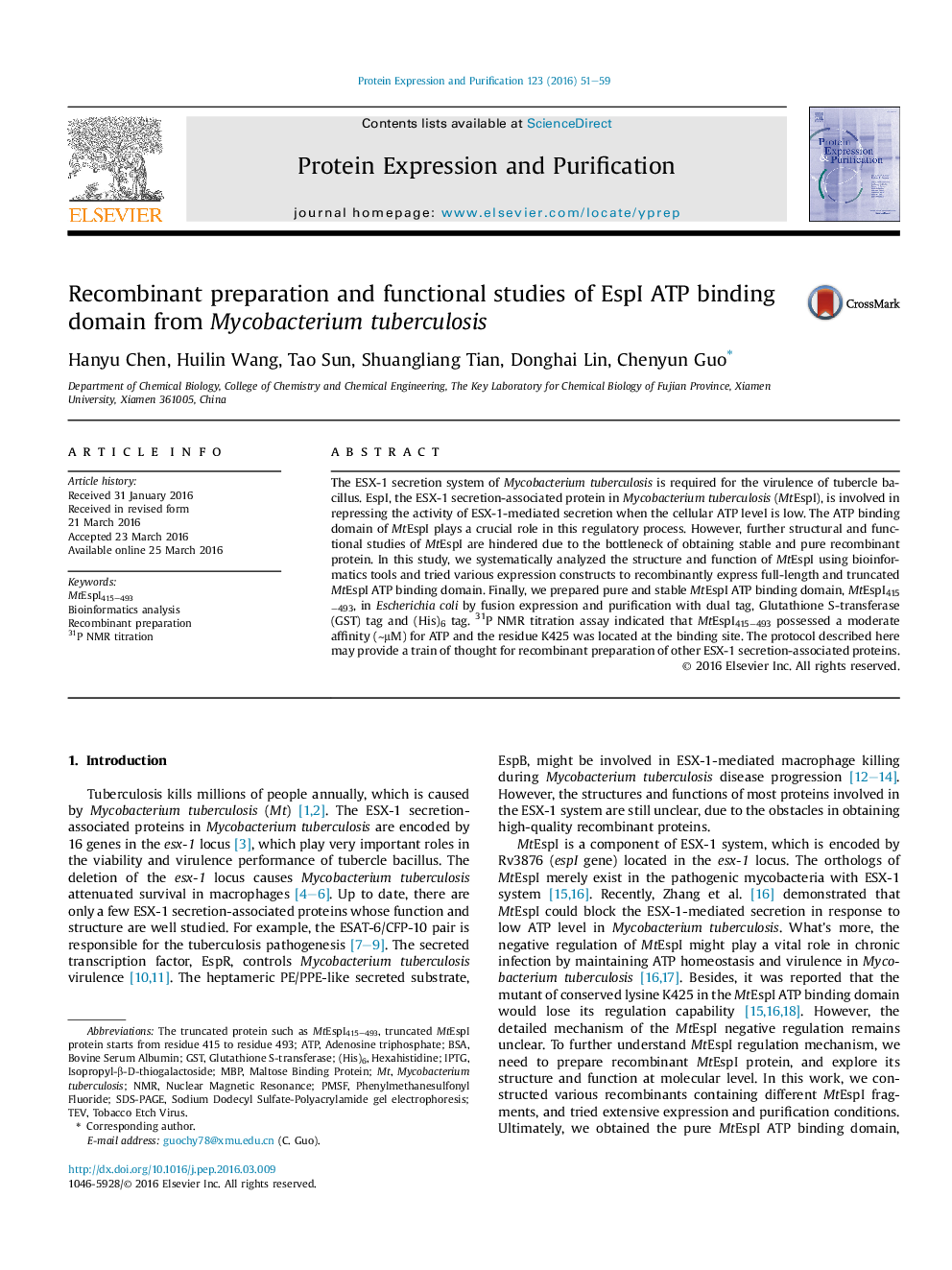 Recombinant preparation and functional studies of EspI ATP binding domain from Mycobacterium tuberculosis