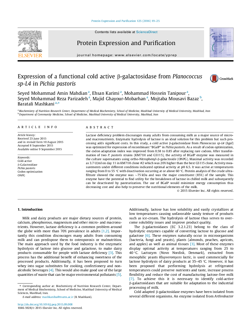 Expression of a functional cold active β-galactosidase from Planococcus sp-L4 in Pichia pastoris