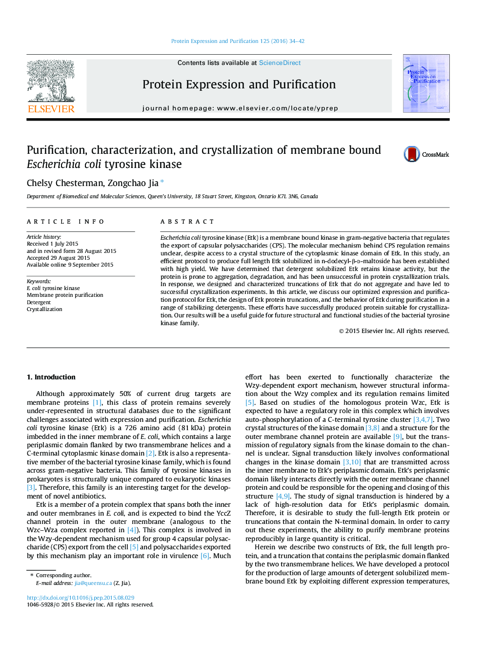 Purification, characterization, and crystallization of membrane bound Escherichia coli tyrosine kinase