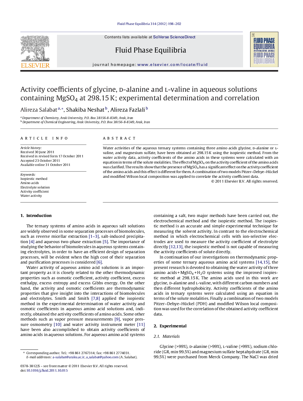 Activity coefficients of glycine, d-alanine and l-valine in aqueous solutions containing MgSO4 at 298.15 K; experimental determination and correlation