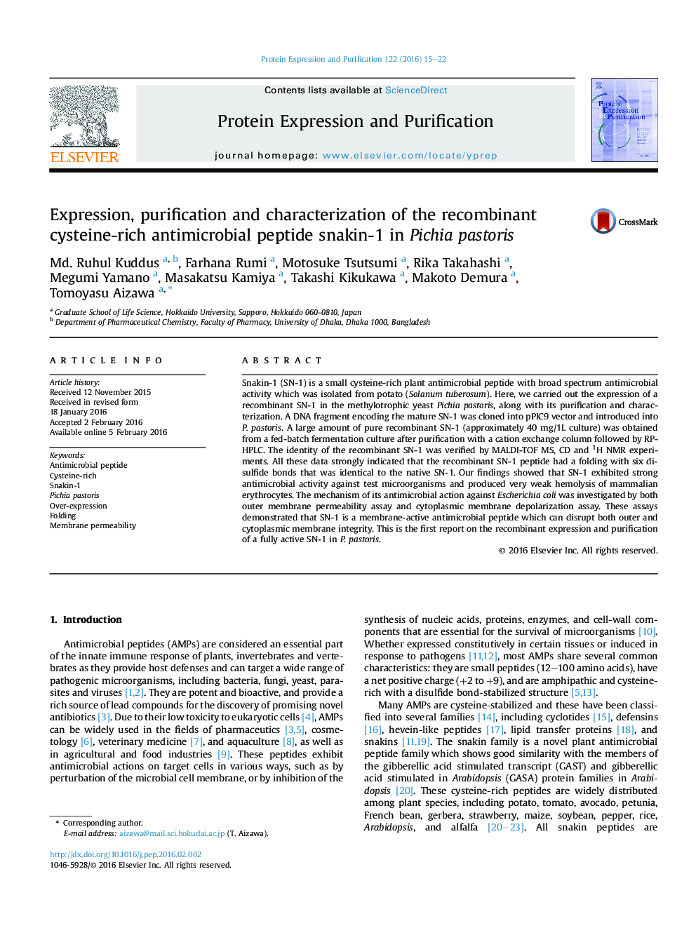 Expression, purification and characterization of the recombinant cysteine-rich antimicrobial peptide snakin-1 in Pichia pastoris