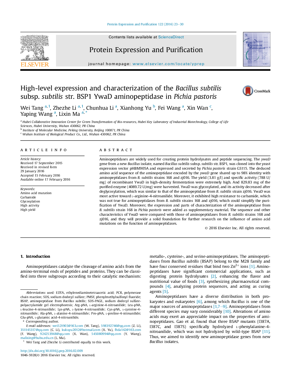 High-level expression and characterization of the Bacillus subtilis subsp. subtilis str. BSP1 YwaD aminopeptidase in Pichia pastoris