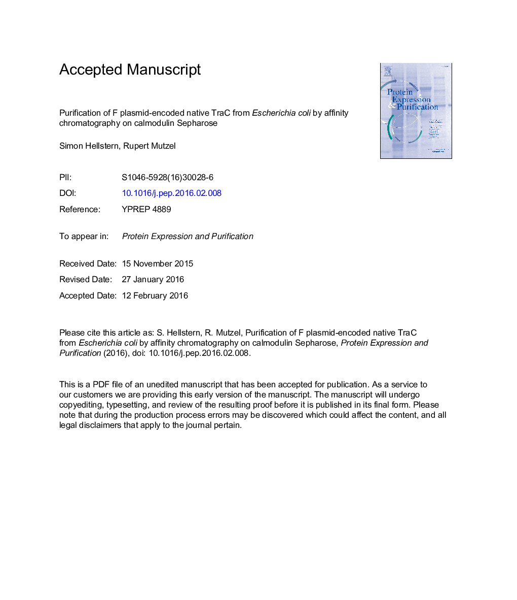 Purification of F plasmid-encoded native TraC from Escherichia coli by affinity chromatography on calmodulin Sepharose