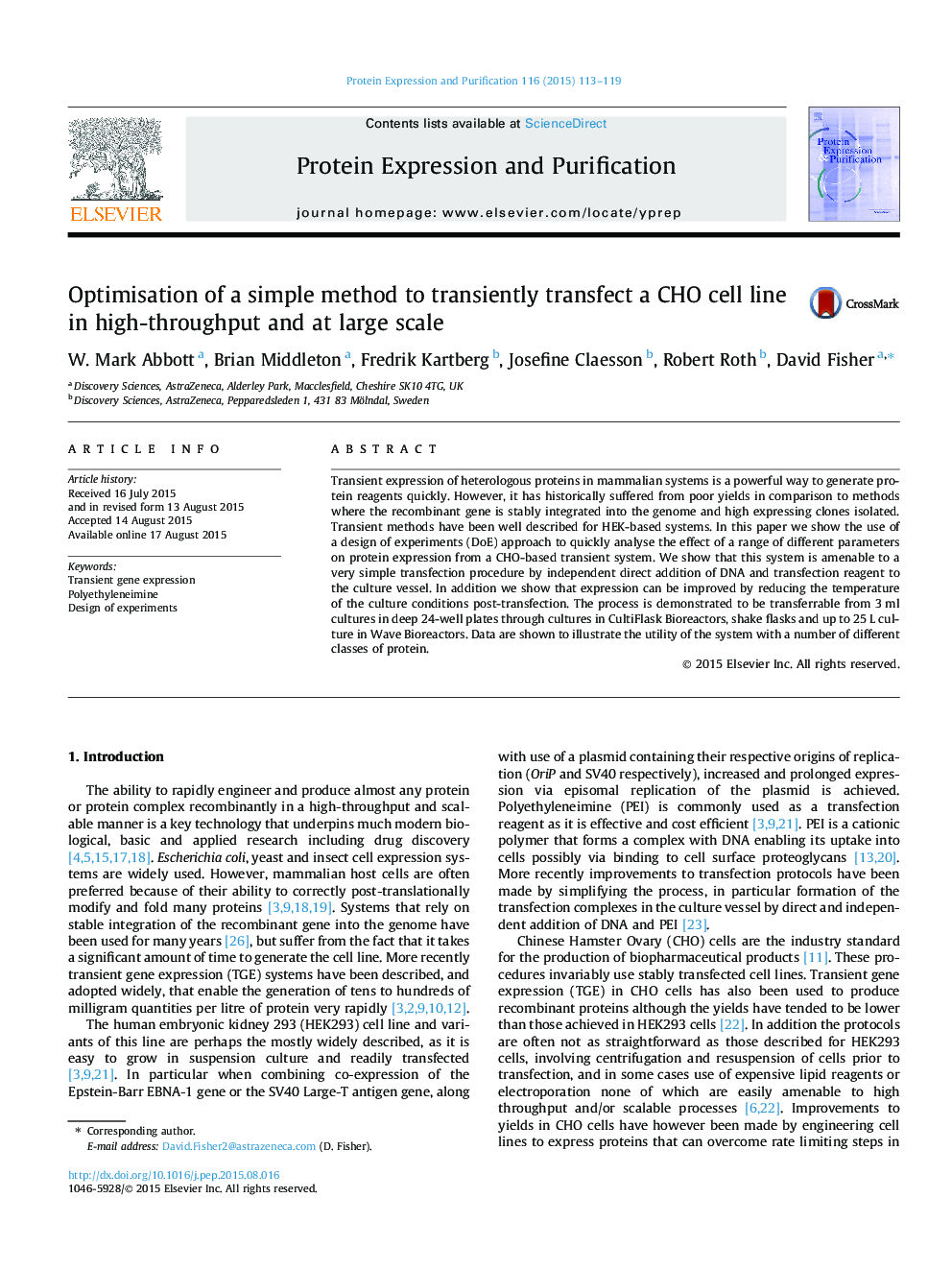 Optimisation of a simple method to transiently transfect a CHO cell line in high-throughput and at large scale