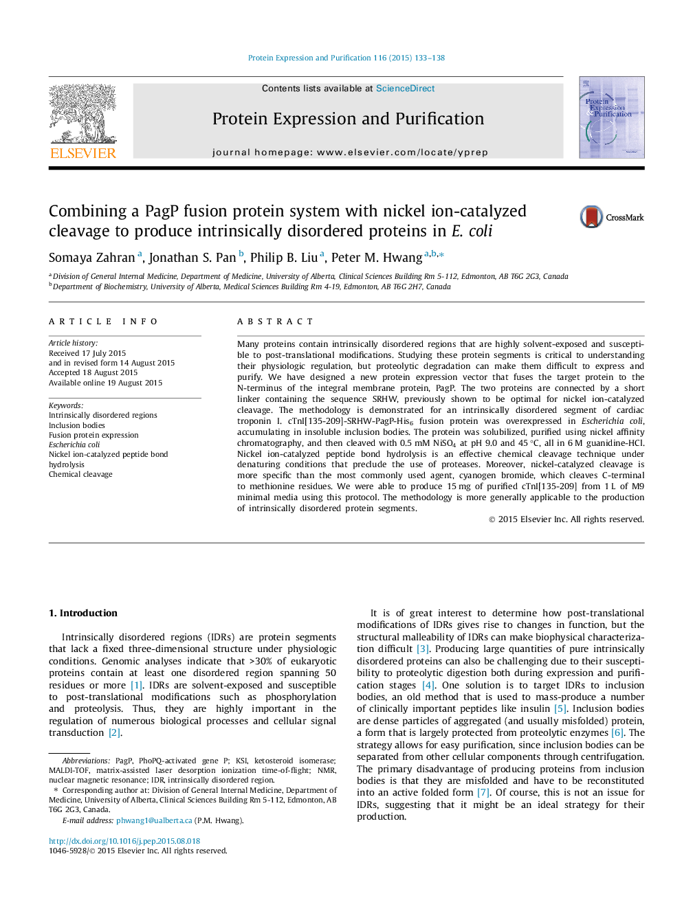 Combining a PagP fusion protein system with nickel ion-catalyzed cleavage to produce intrinsically disordered proteins in E. coli