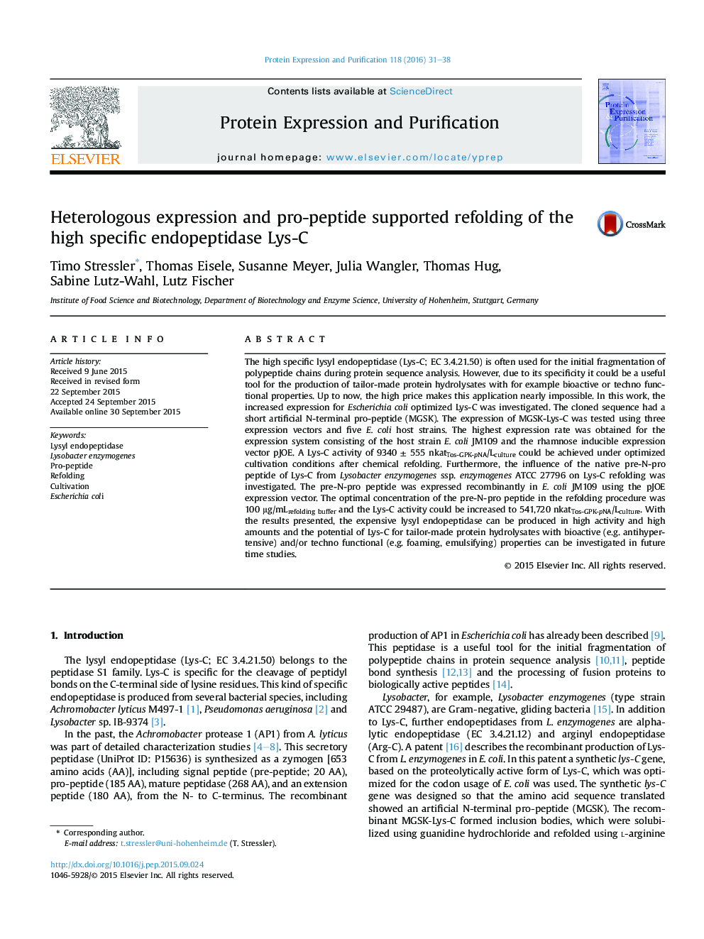 Heterologous expression and pro-peptide supported refolding of the high specific endopeptidase Lys-C