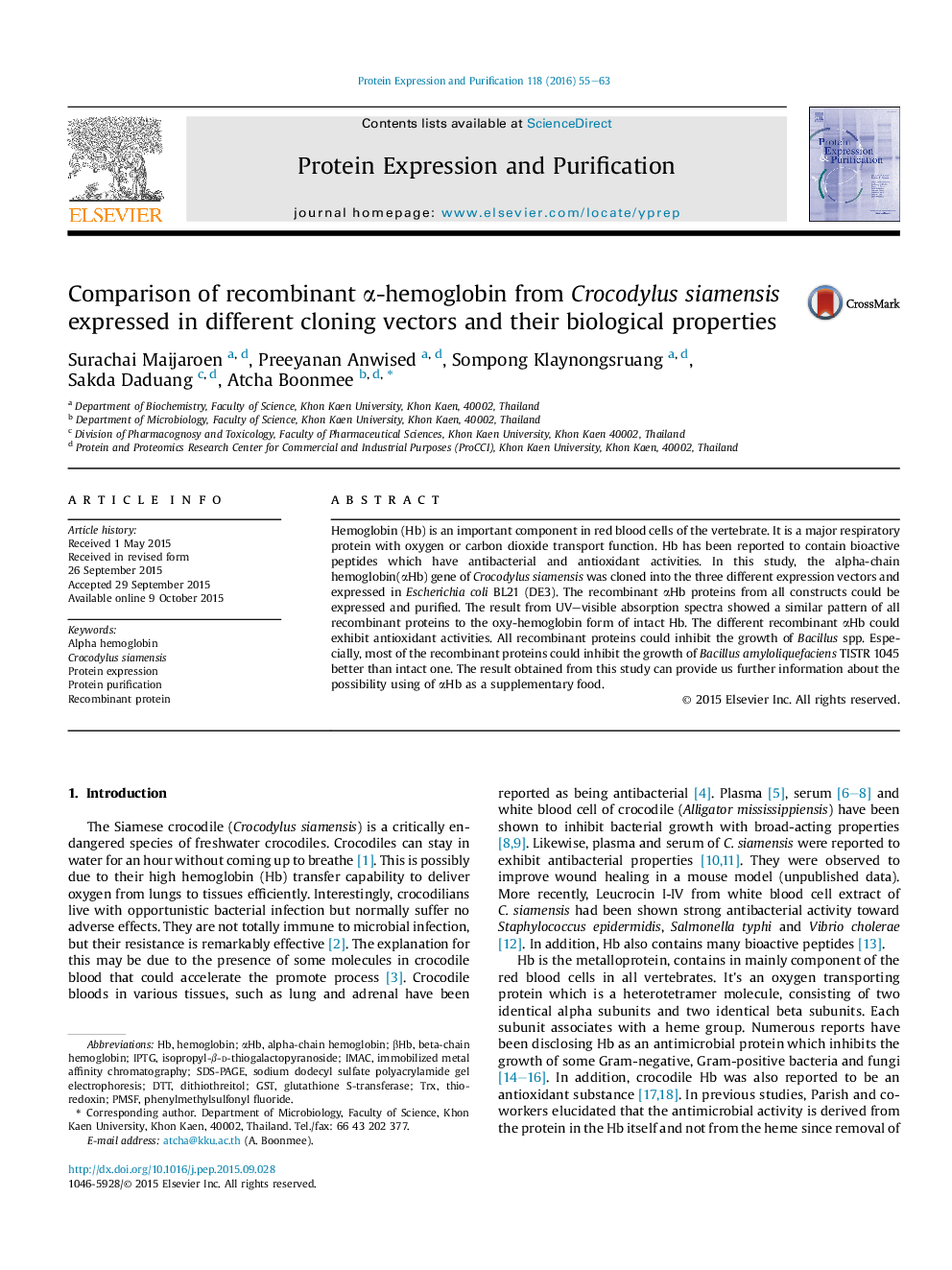 Comparison of recombinant Î±-hemoglobin from Crocodylus siamensis expressed in different cloning vectors and their biological properties