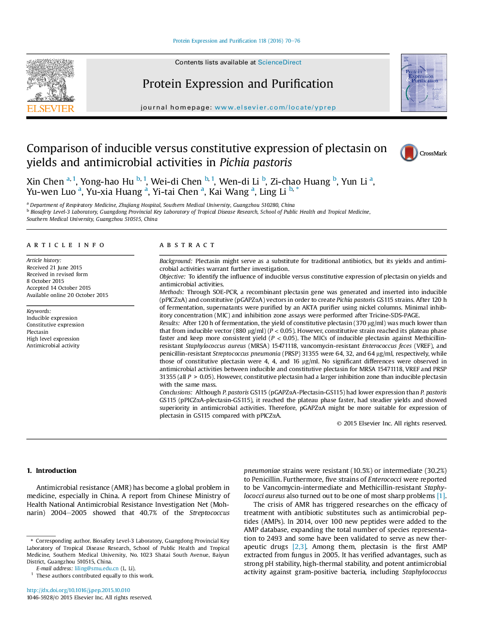 Comparison of inducible versus constitutive expression of plectasin on yields and antimicrobial activities in Pichia pastoris