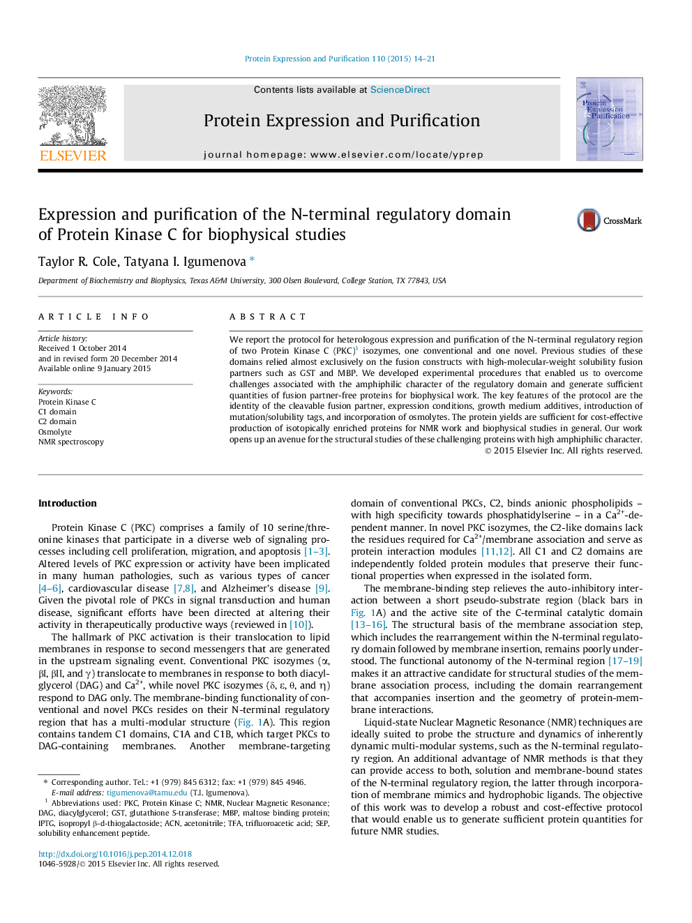 Expression and purification of the N-terminal regulatory domain of Protein Kinase C for biophysical studies