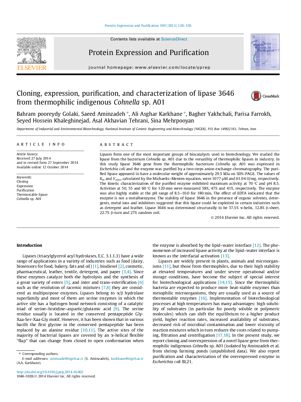 Cloning, expression, purification, and characterization of lipase 3646 from thermophilic indigenous Cohnella sp. A01