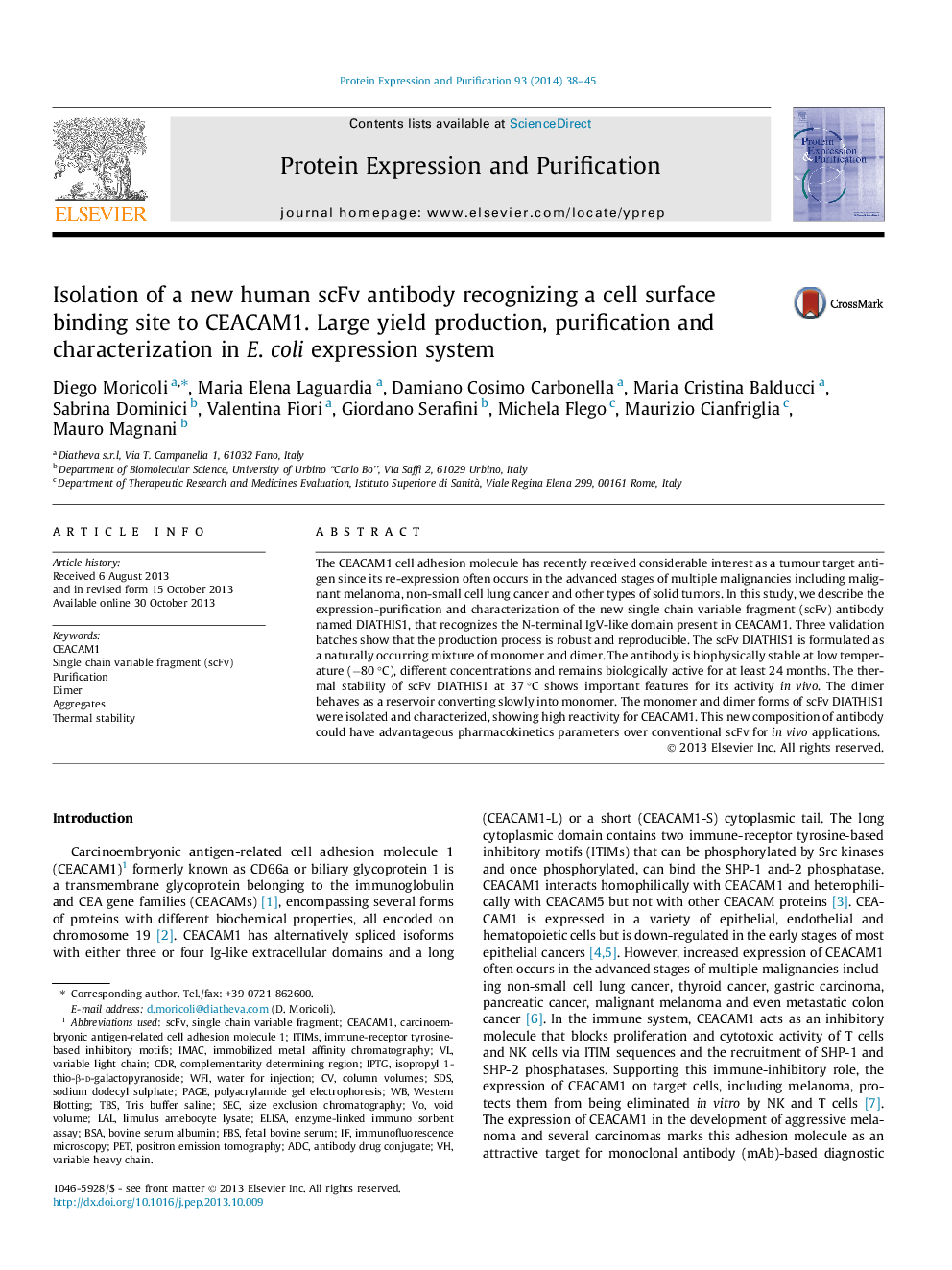 Isolation of a new human scFv antibody recognizing a cell surface binding site to CEACAM1. Large yield production, purification and characterization in E. coli expression system