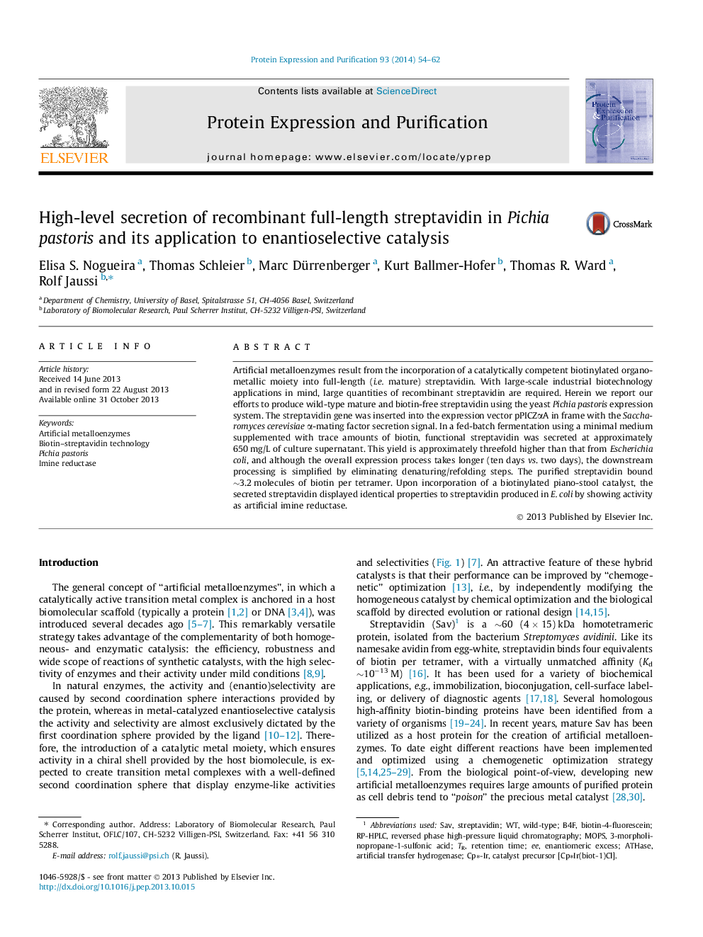 High-level secretion of recombinant full-length streptavidin in Pichia pastoris and its application to enantioselective catalysis