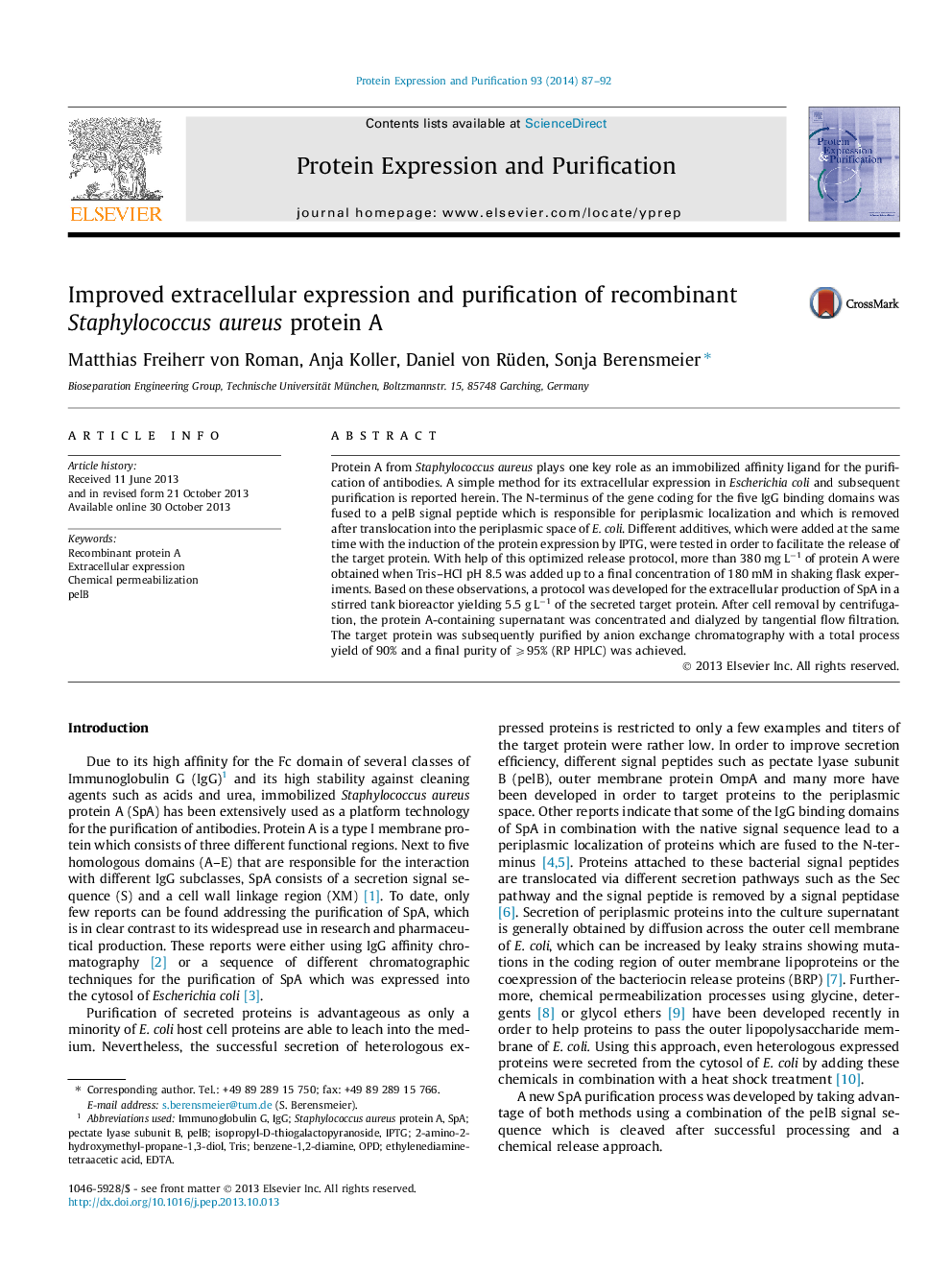 Improved extracellular expression and purification of recombinant Staphylococcus aureus protein A