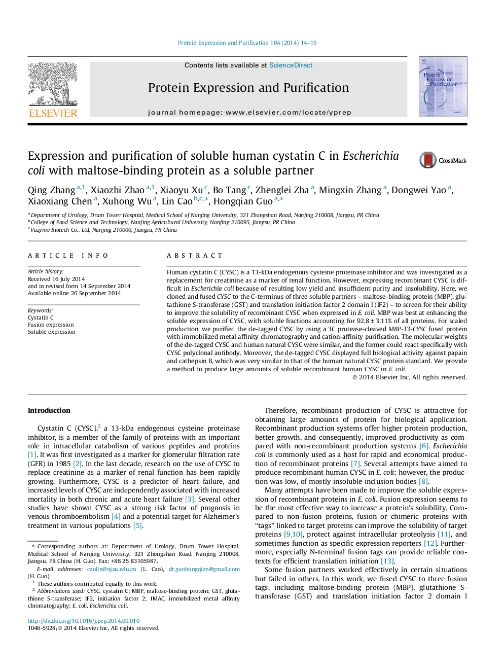 Expression and purification of soluble human cystatin C in Escherichia coli with maltose-binding protein as a soluble partner