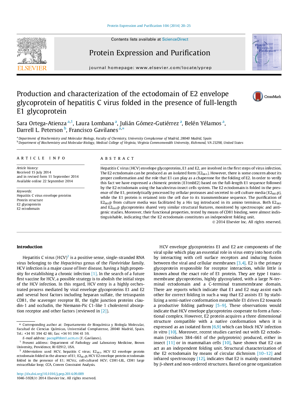 Production and characterization of the ectodomain of E2 envelope glycoprotein of hepatitis C virus folded in the presence of full-length E1 glycoprotein