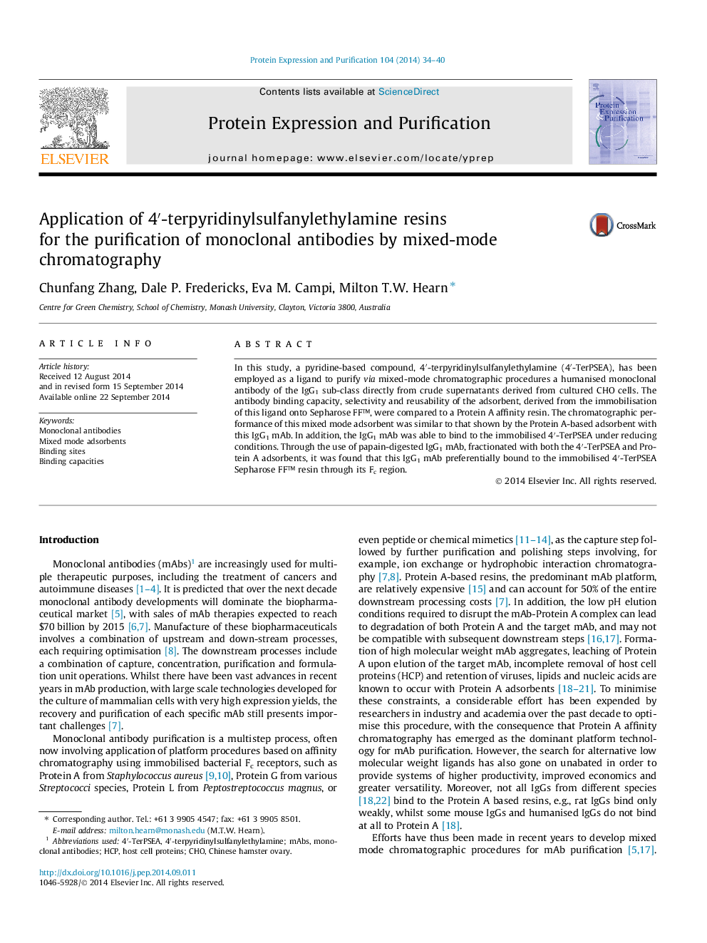 Application of 4′-terpyridinylsulfanylethylamine resins for the purification of monoclonal antibodies by mixed-mode chromatography