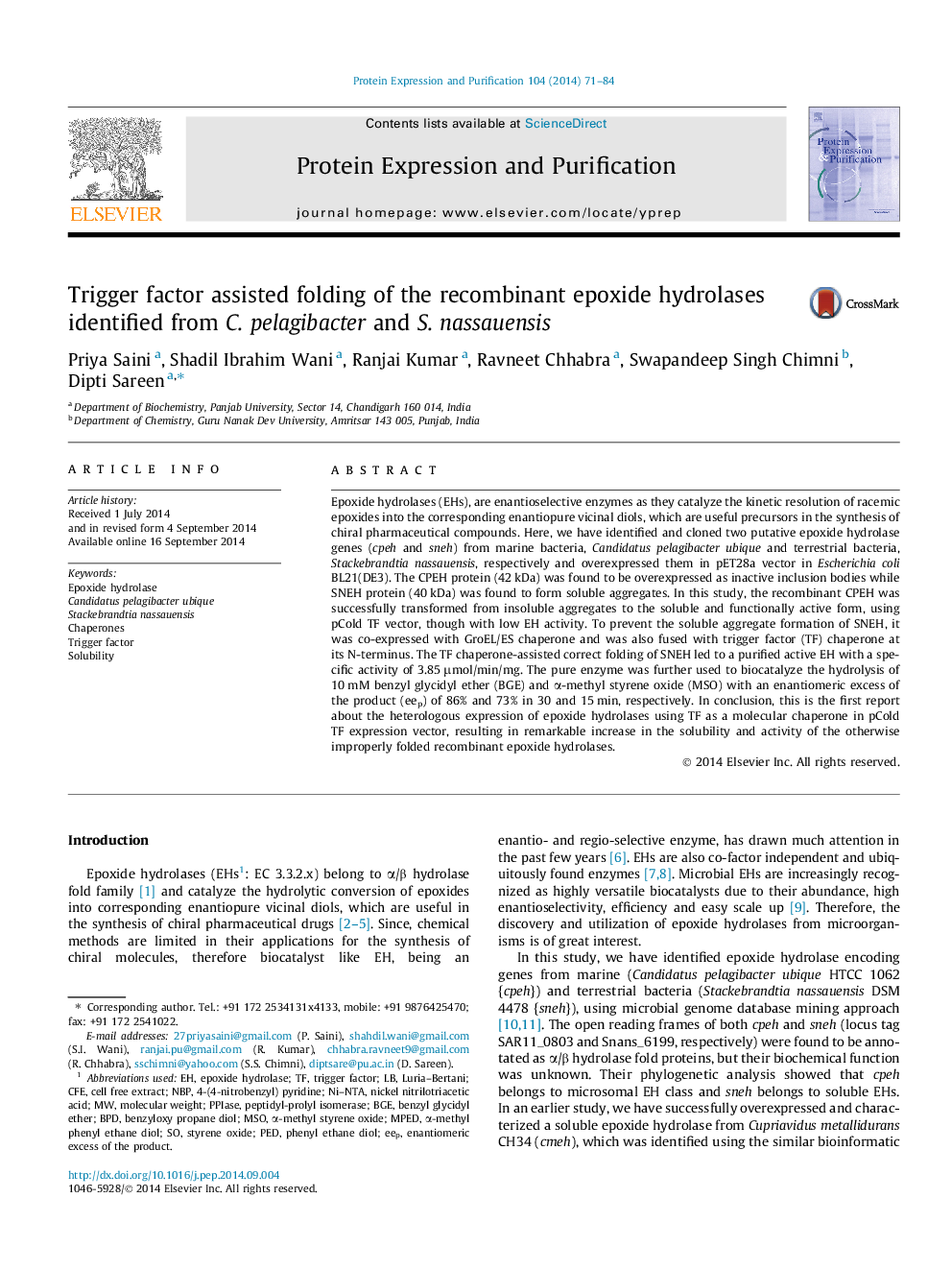 Trigger factor assisted folding of the recombinant epoxide hydrolases identified from C. pelagibacter and S. nassauensis