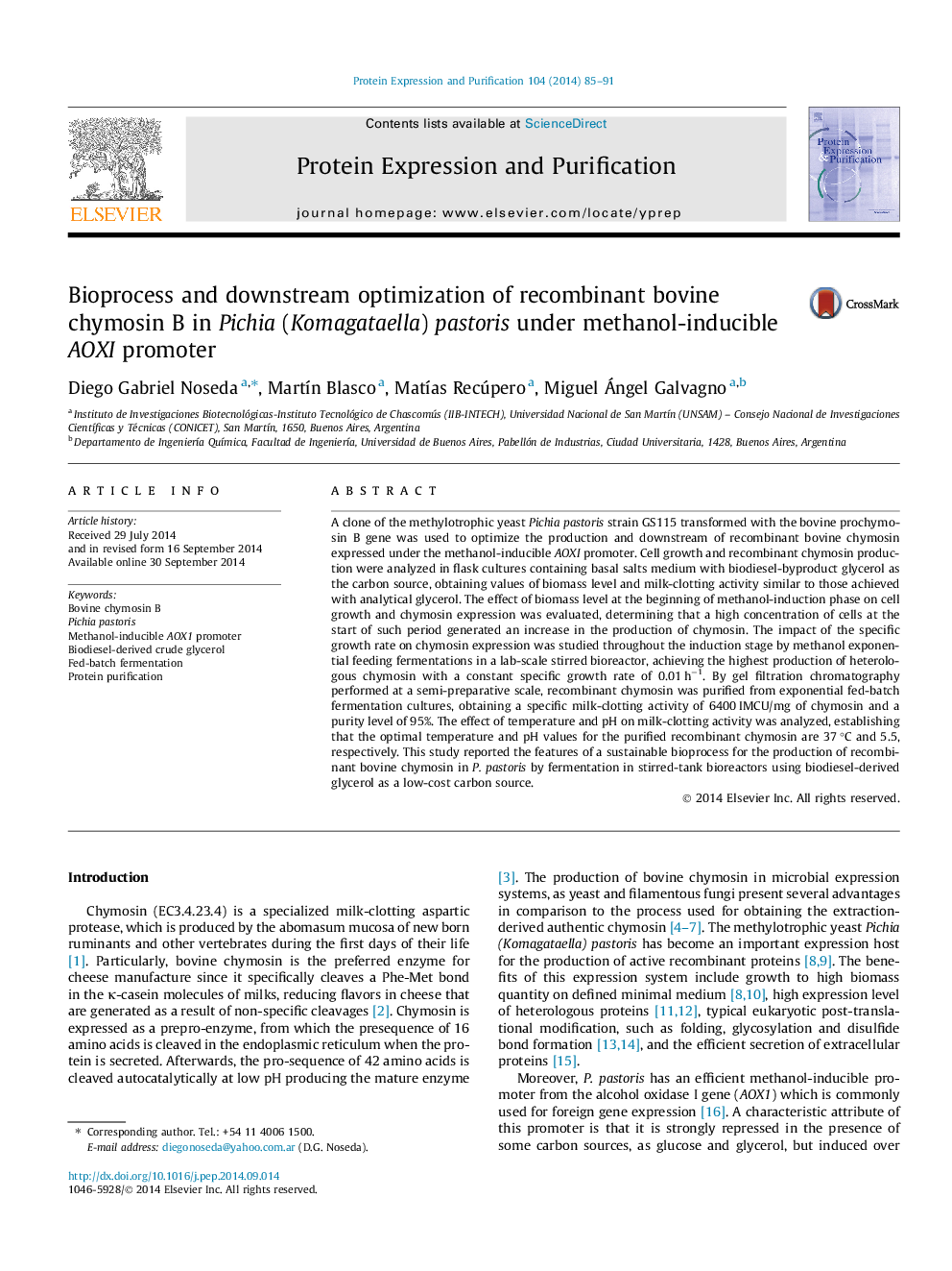 Bioprocess and downstream optimization of recombinant bovine chymosin B in Pichia (Komagataella) pastoris under methanol-inducible AOXI promoter