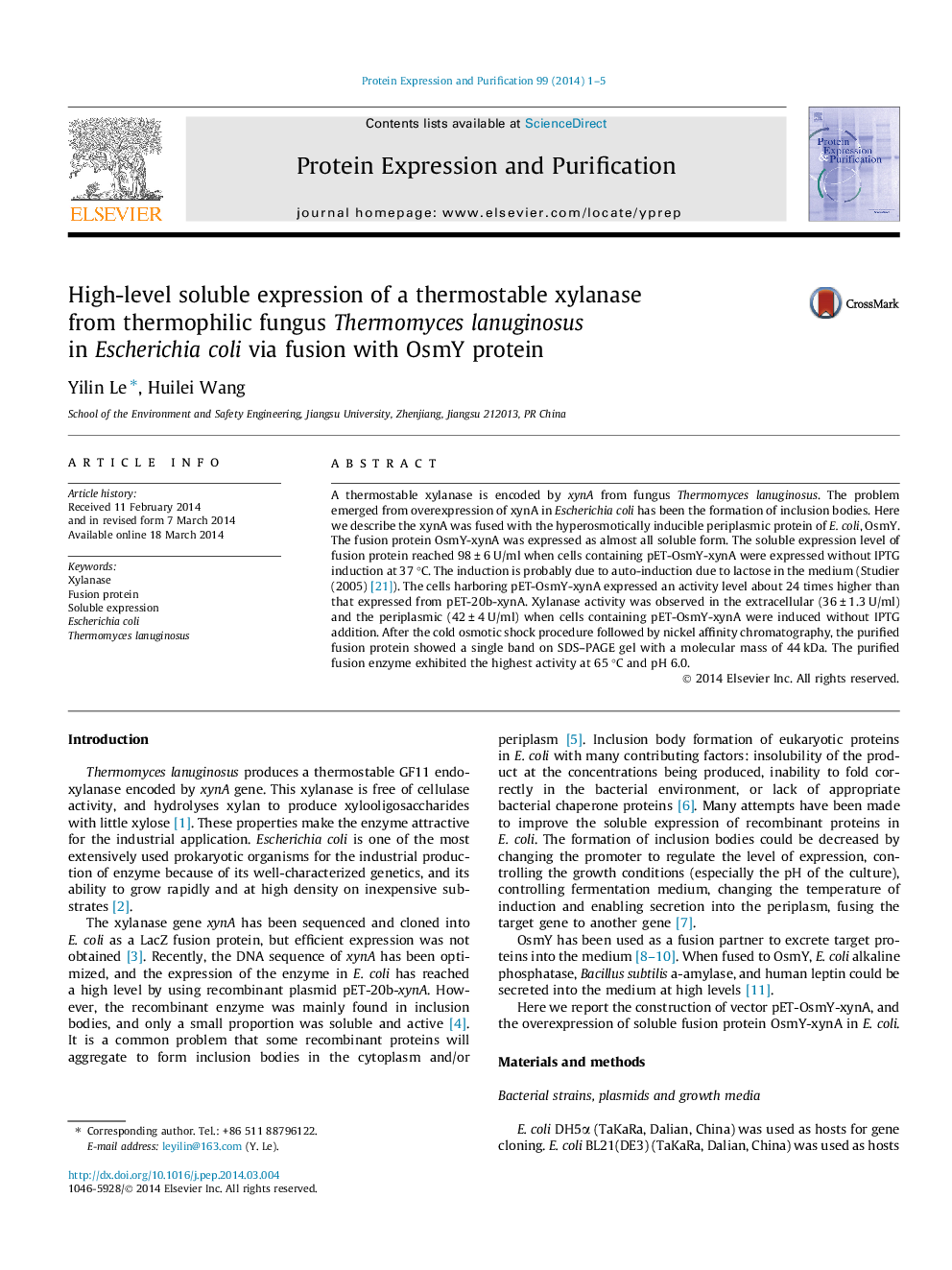 High-level soluble expression of a thermostable xylanase from thermophilic fungus Thermomyces lanuginosus in Escherichia coli via fusion with OsmY protein